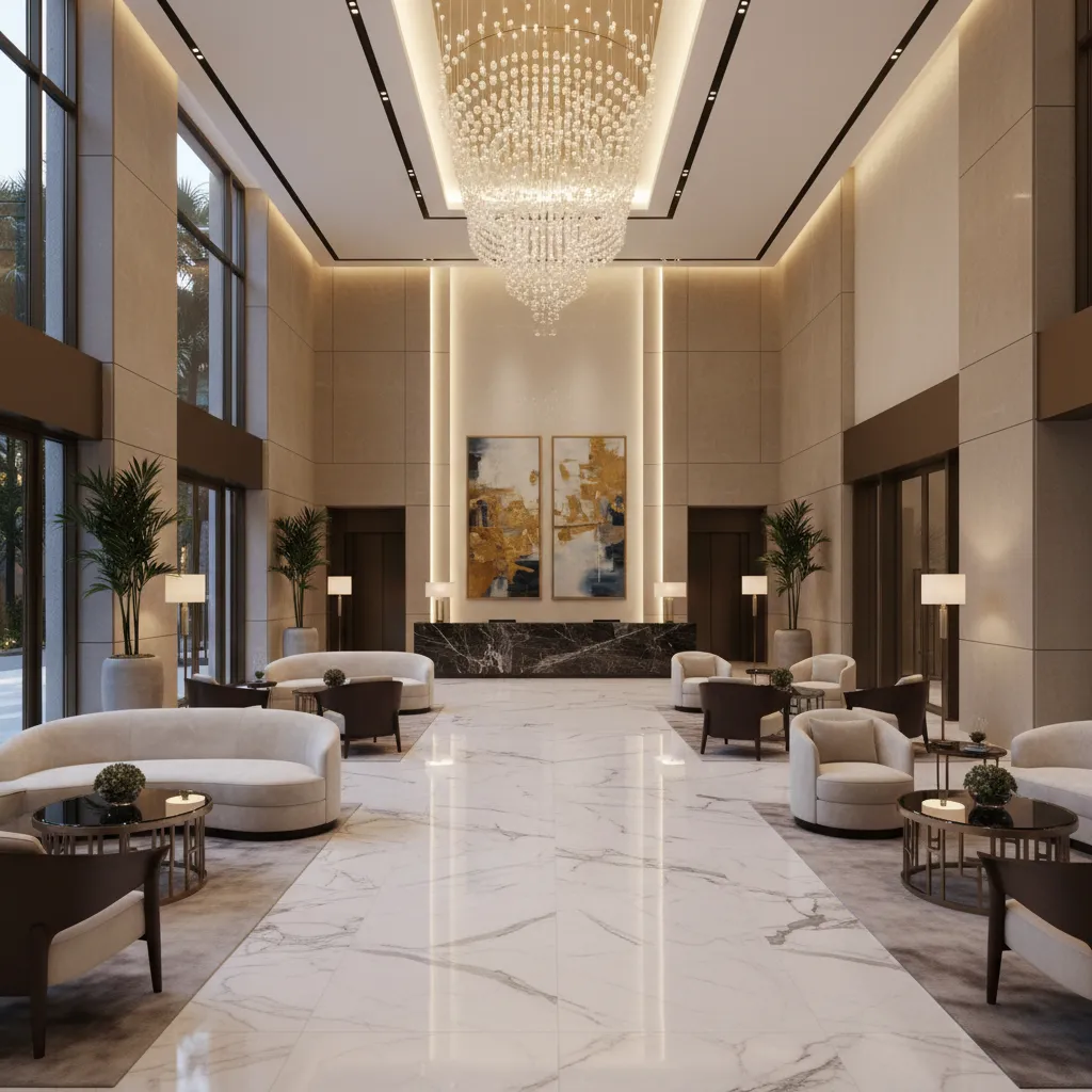 Lobby de hotel moderno diseñado con estilo contemporáneo