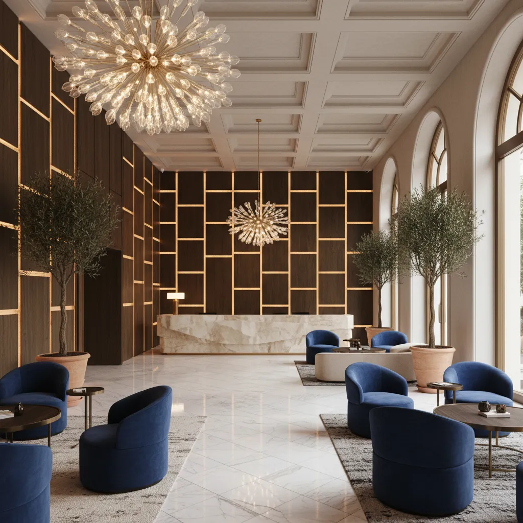 Hotel lobby with blue chairs marble desk wood wall panels and two large ceiling lights