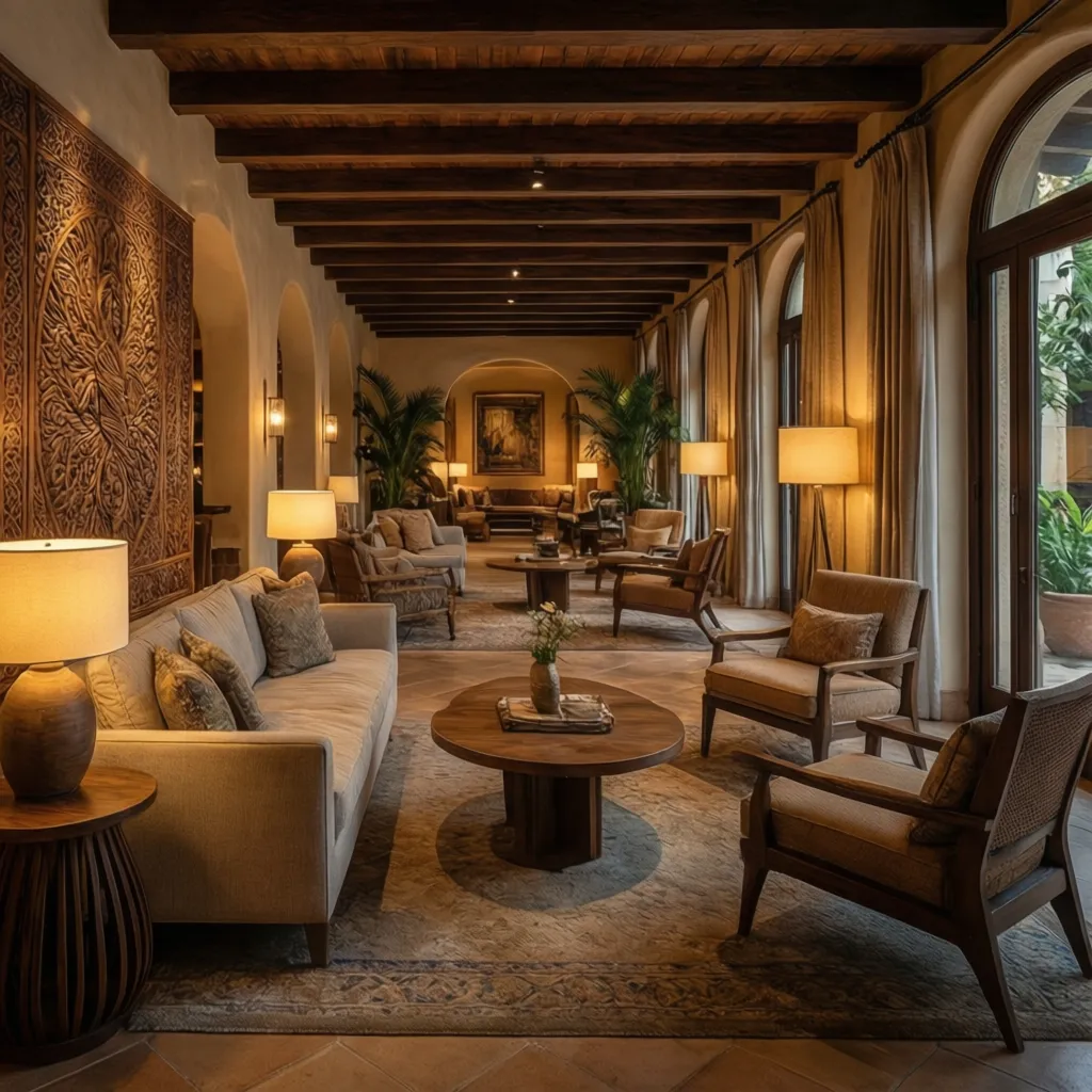 Long hotel lounge area with wood ceiling beams featuring soft sofas and warm floor lamps