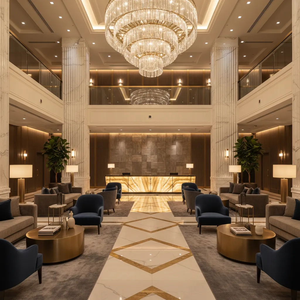 Luxury hotel lobby interior designed with modern hospitality aesthetics