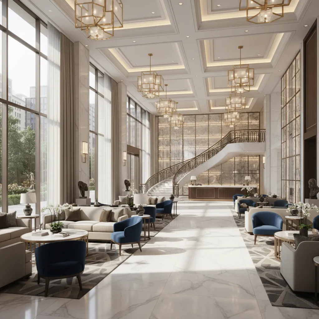 Grand luxury hotel lobby illustrating large public space proportions