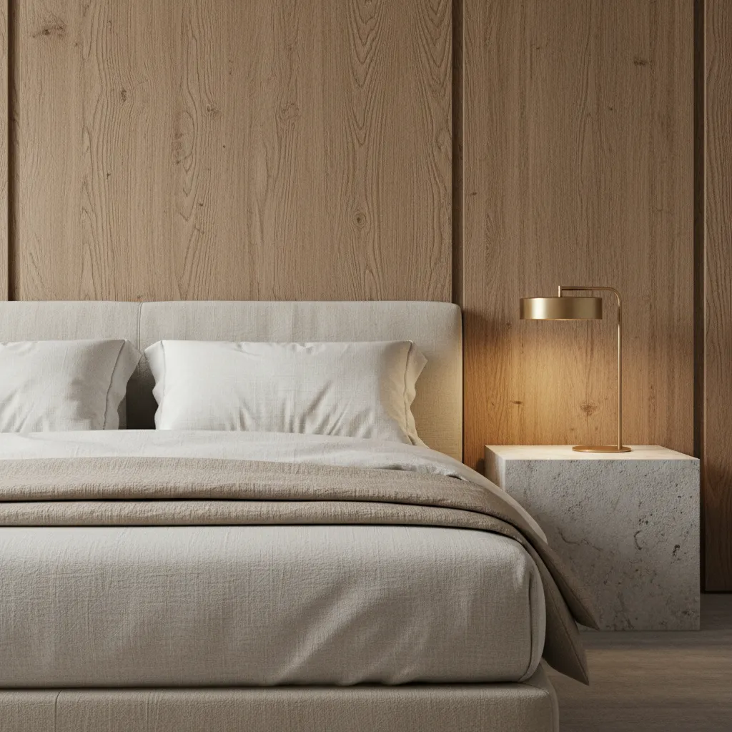 Luxury hotel room materials featuring wood stone linen fabrics and brushed brass accents