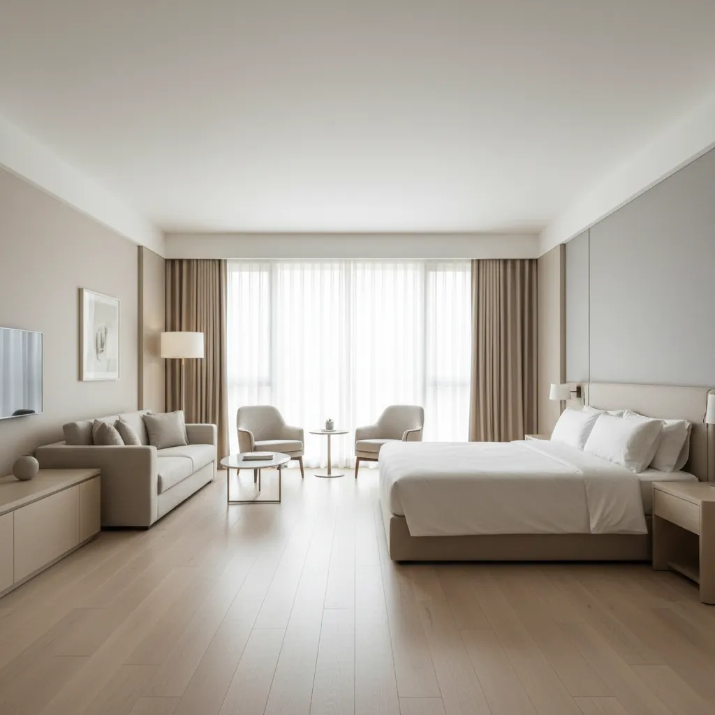 Minimalist luxury hotel room layout with king bed sofa seating area and large window