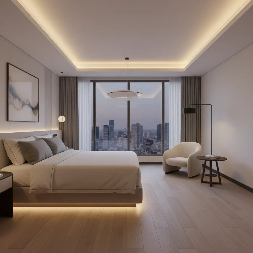 Modern luxury bedroom with large bed, armchair, floor lamp, city view window, and wooden floor