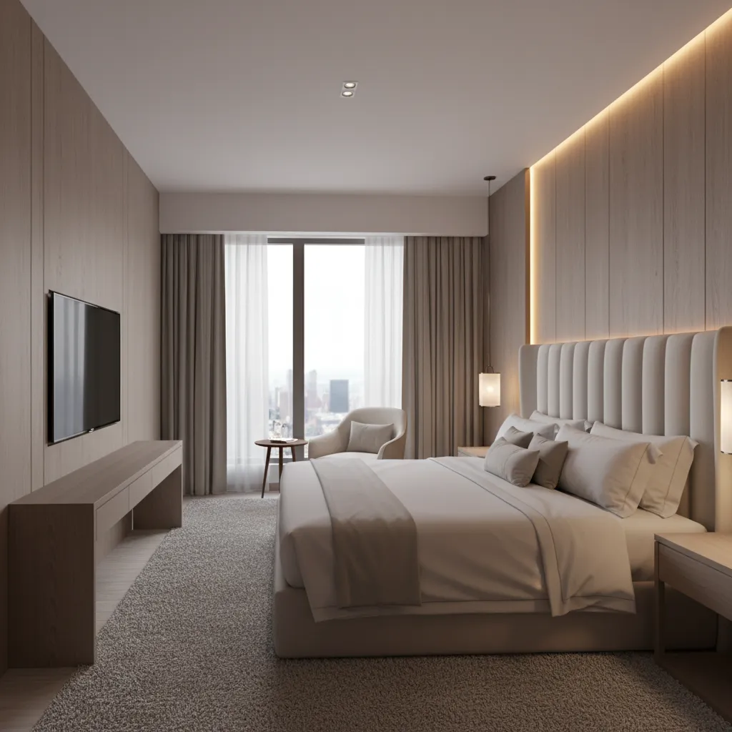 Modern luxury hotel bedroom with king bed and seating area
