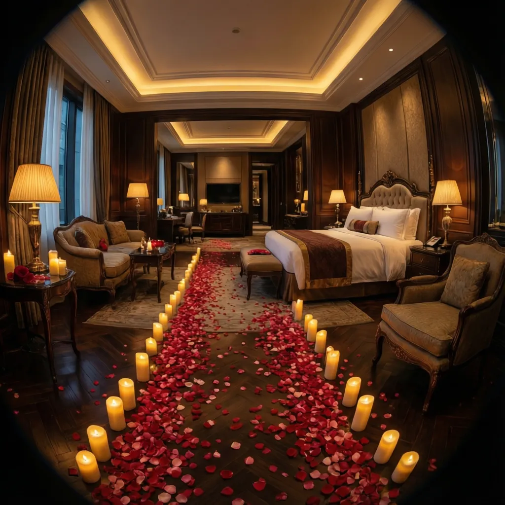 Romantic pathway of rose petals leading to proposal setup in luxury hotel room