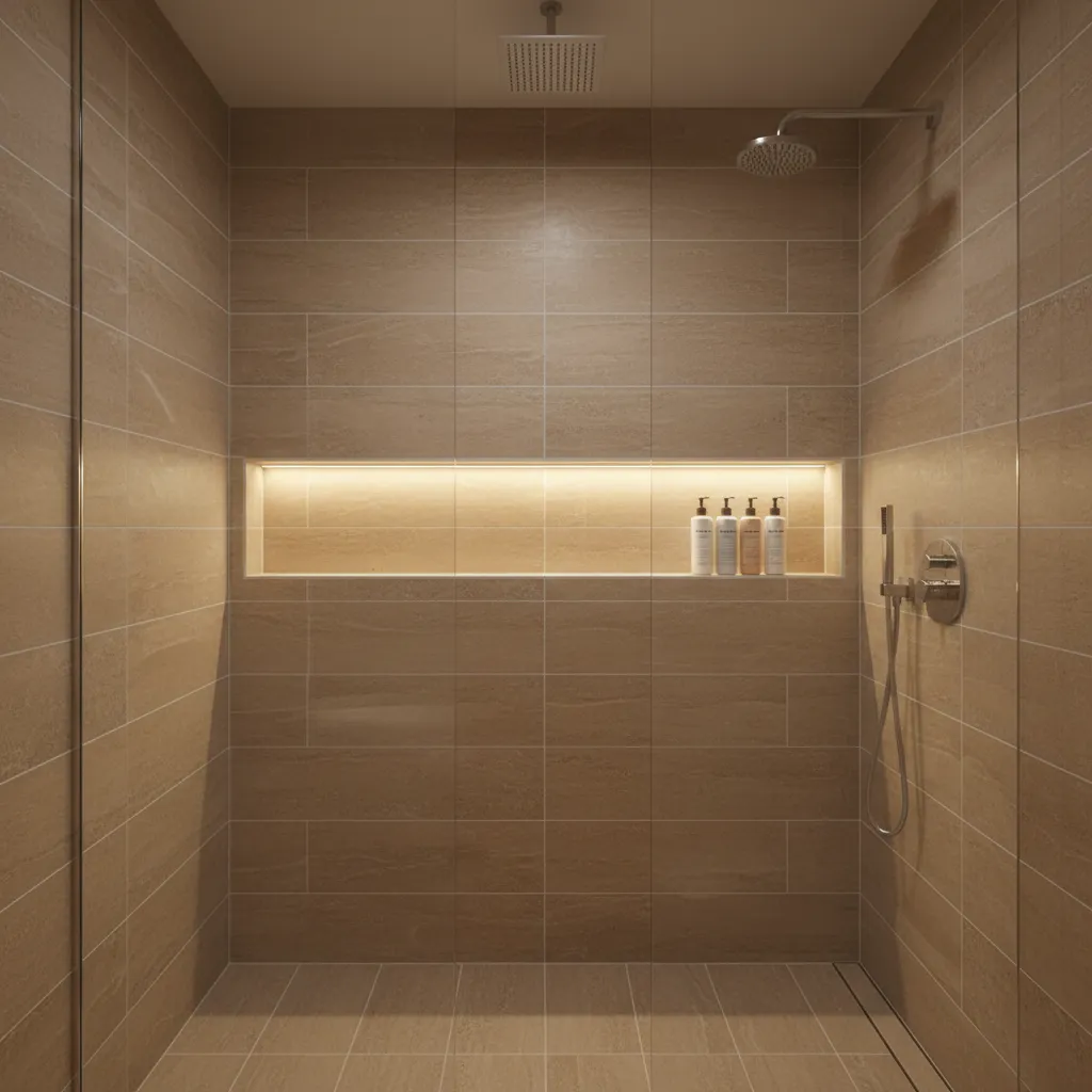 Luxury hotel shower with recessed niche storage built into tiled wall