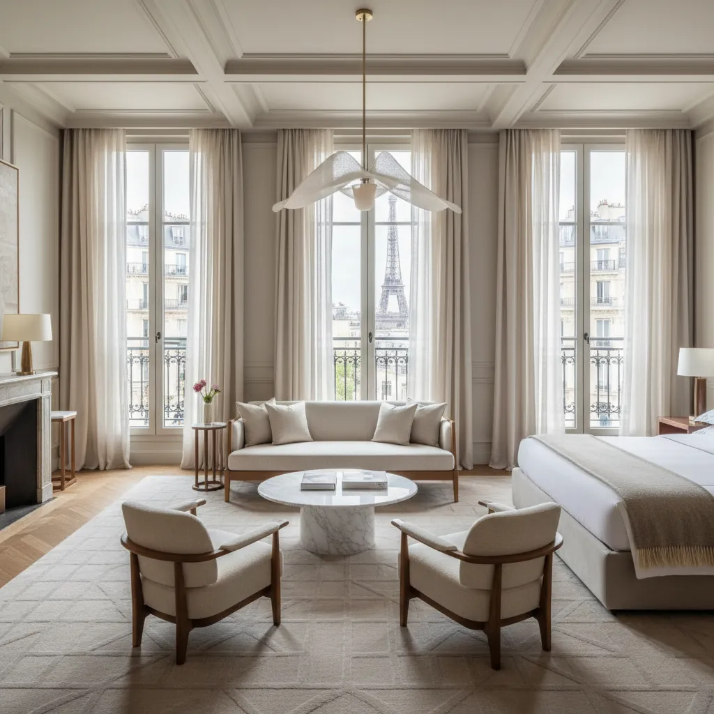 Suite de hotel de lujo en París con diseño elegante y minimalista