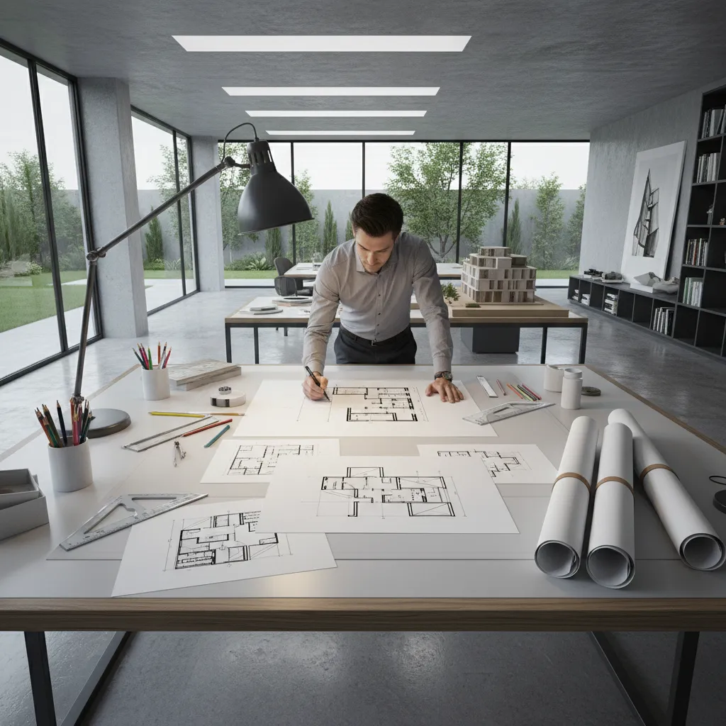 designer sketching luxury house drawing concept on architectural paper