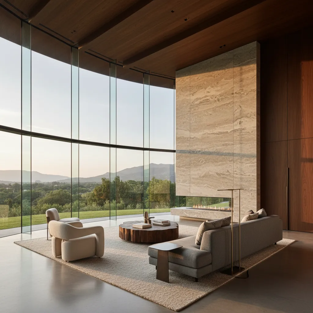 Large living room with floor to ceiling windows stone wall fireplace sofa and mountain view