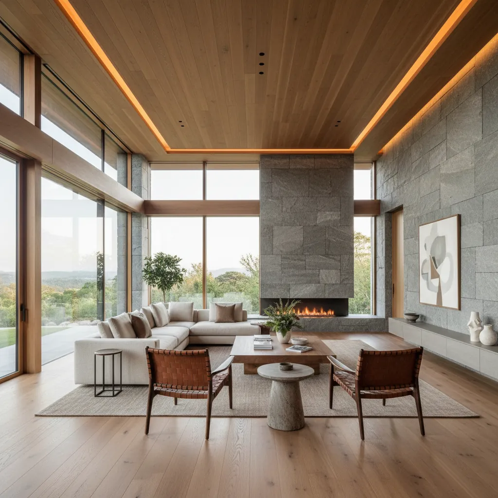 Modern living room with stone fireplace wood ceiling large windows cream sofa and wooden floor