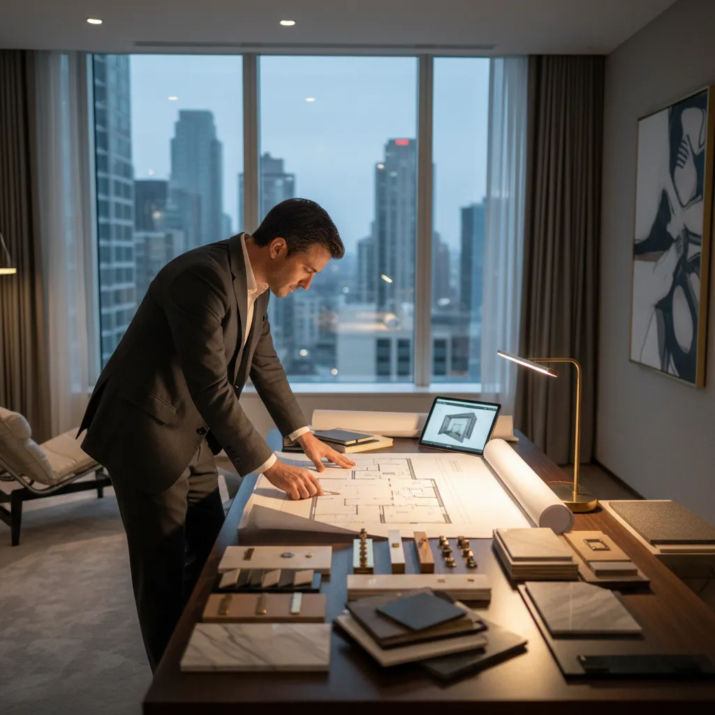 Interior designer reviewing floor plan on desk with material samples and city night view outside