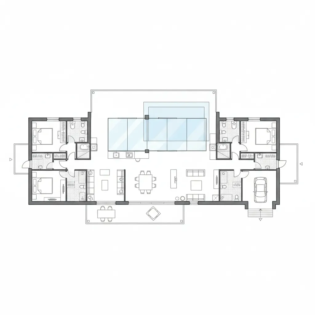 Detailed house floor plan showing three bedrooms bathrooms living area kitchen garage and outdoor pool