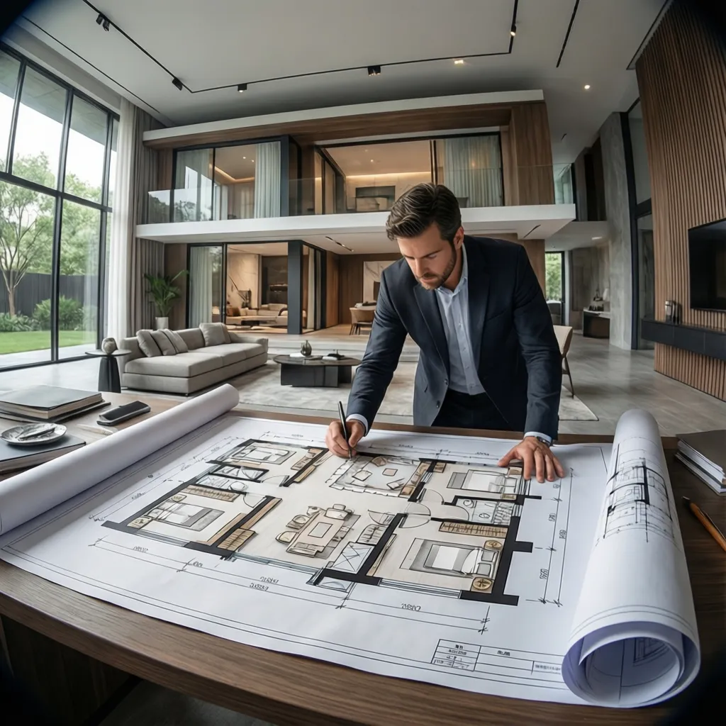 Interior designer reviewing a house floor plan drawing on a large table in a modern home