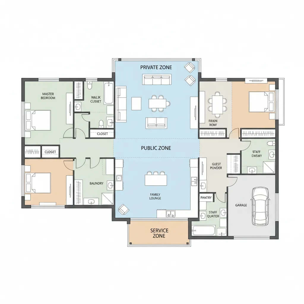 architectural floor plan diagram showing zoning in a large luxury home
