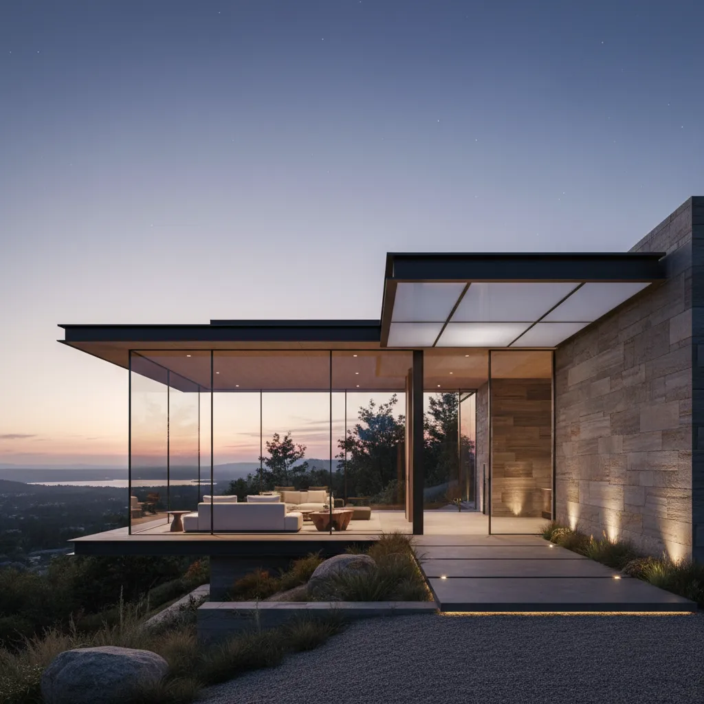 Casa moderna con grandes paredes de vidrio y arquitectura minimalista