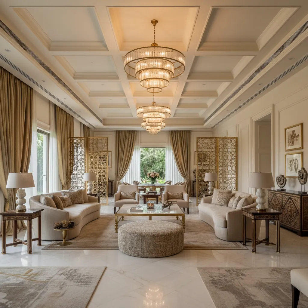 Luxury Indian villa living room with marble flooring and custom furniture