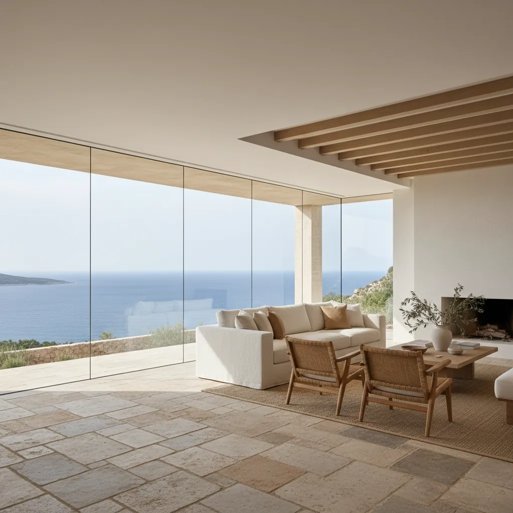 Living room with large glass windows overlooking ocean, white sofa, wooden chairs, and stone floor
