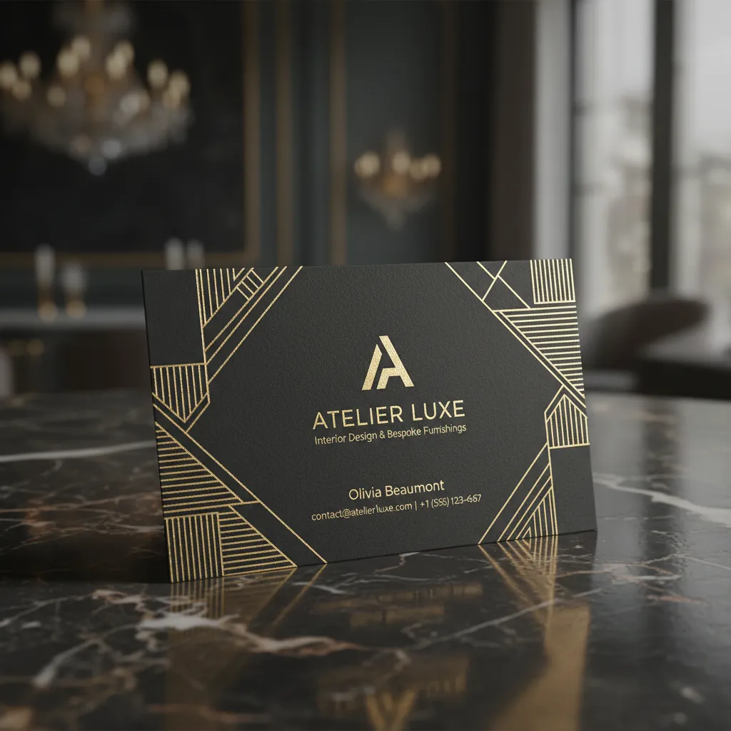 Black business card with gold lines on marble table with blurred ceiling lights in background