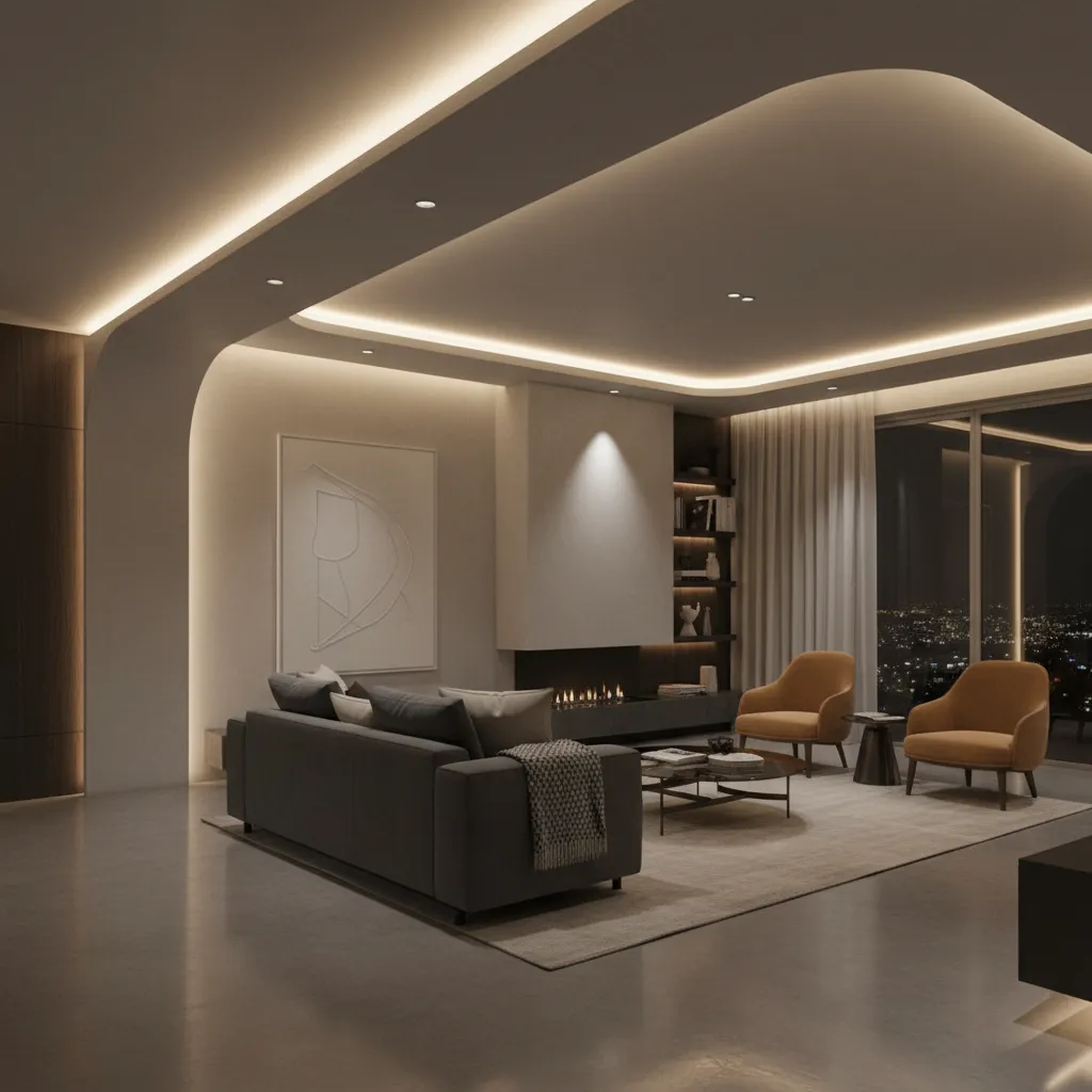 Modern living room with grey sofa orange armchairs fireplace ceiling light and city night view