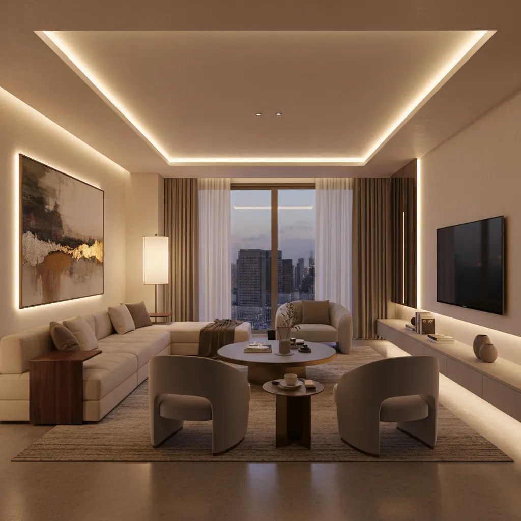 Interior elegante con iluminación indirecta y diseño moderno