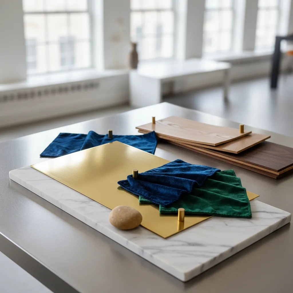 Interior design materials including marble slab, gold metal sheet, green fabric samples, and wood boards
