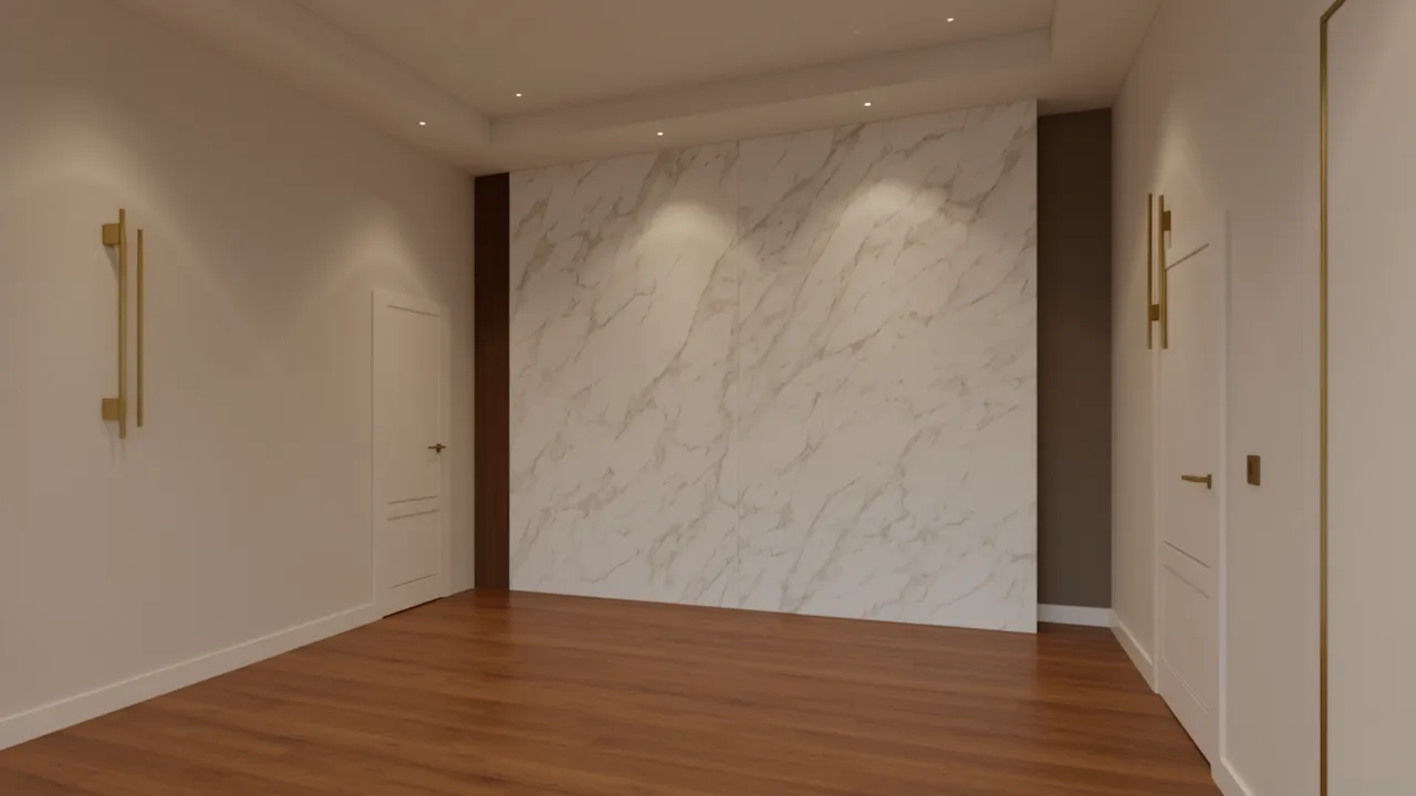 Luxury interior materials including marble wall, wood flooring and brass accents