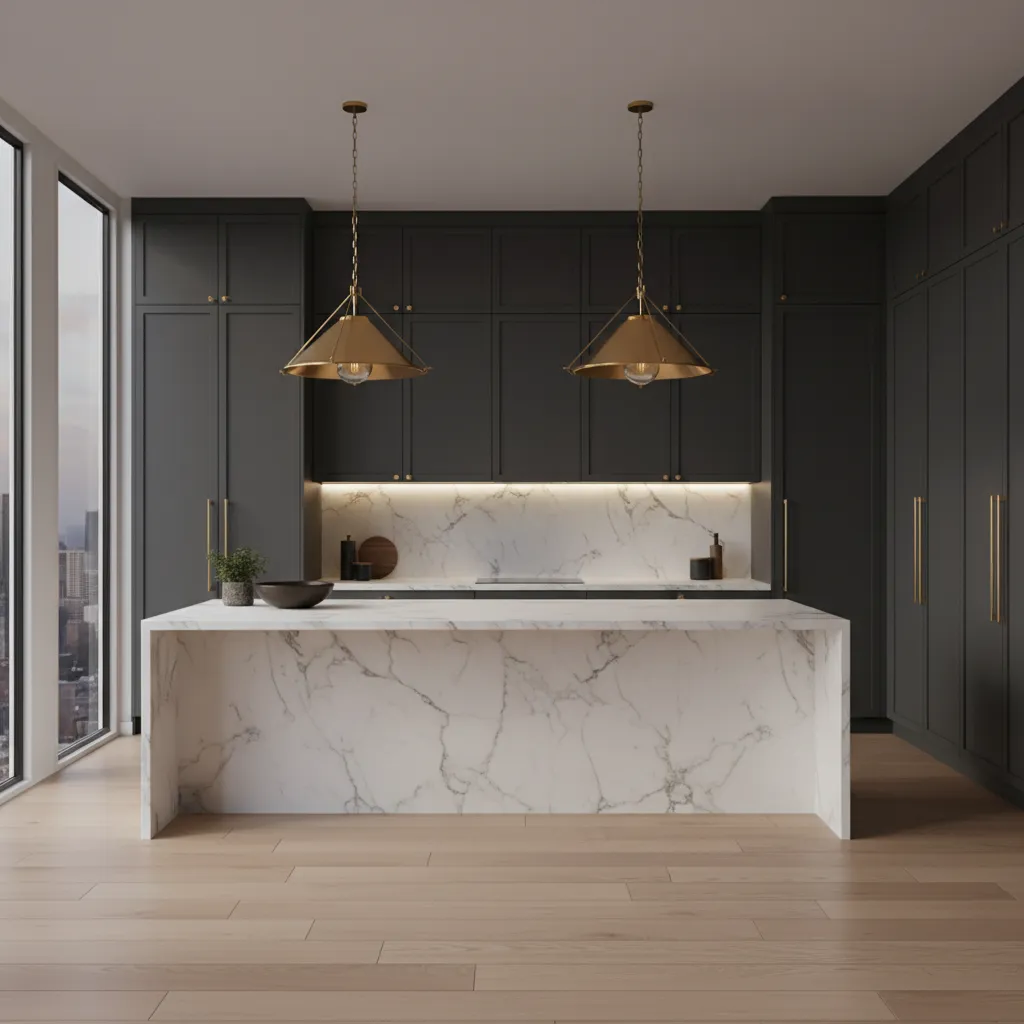 3D rendered luxury kitchen design visualization with dark cabinets