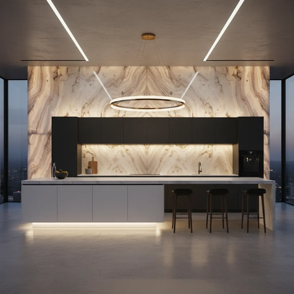 Luxury kitchen with floating island underglow lighting and backlit backsplash