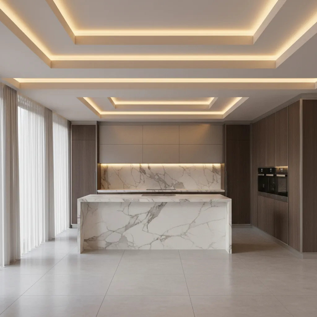 Luxury kitchen with layered ceiling bulkhead and indirect lighting