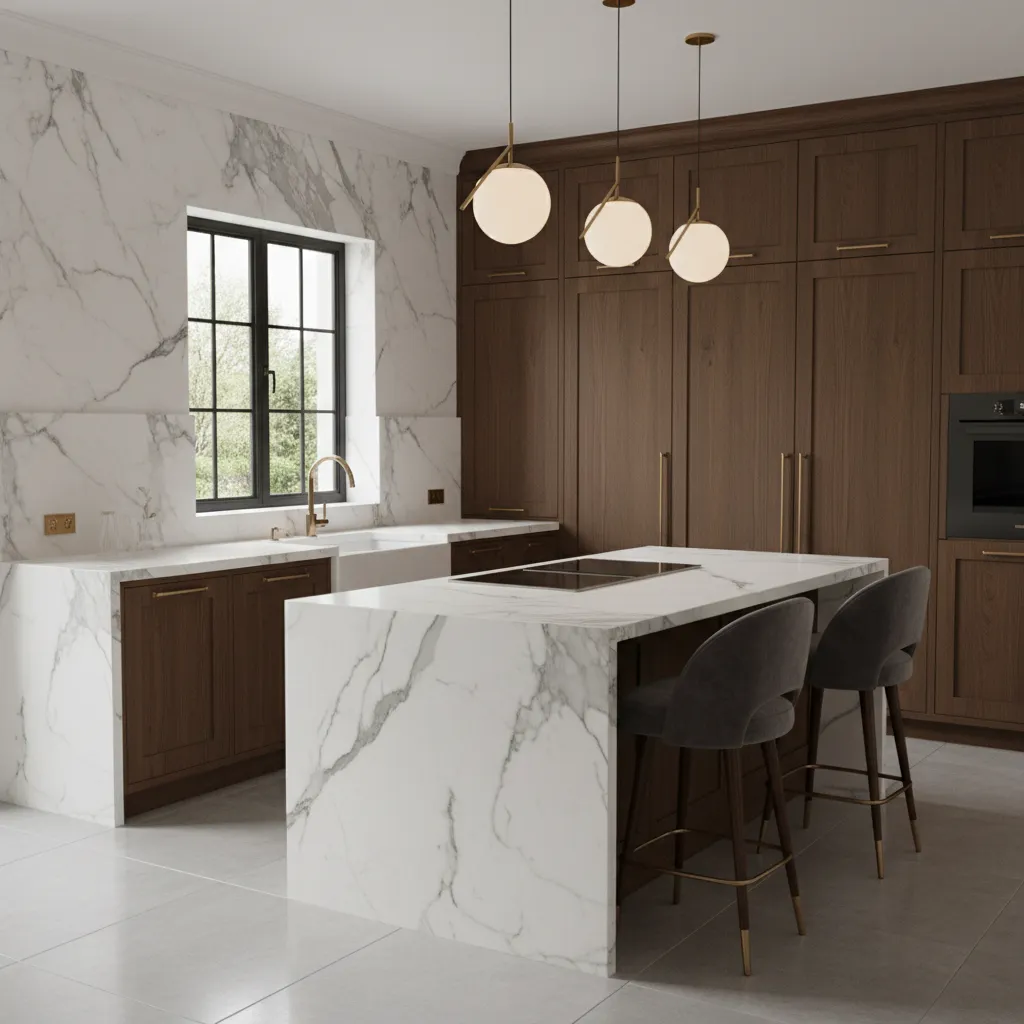 Luxury kitchen with marble countertops and corner sink workstation