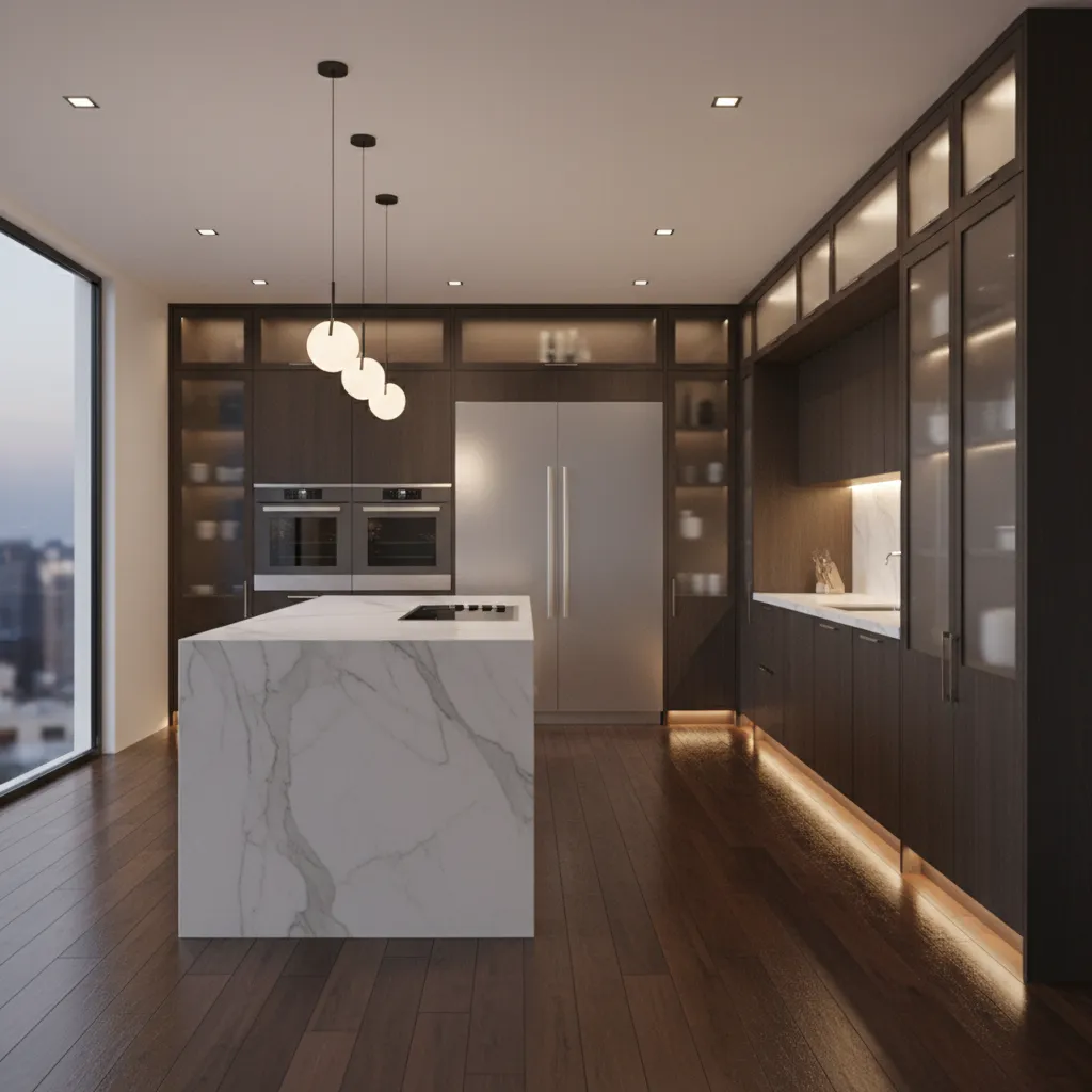 Luxury kitchen with dark floors and marble waterfall island