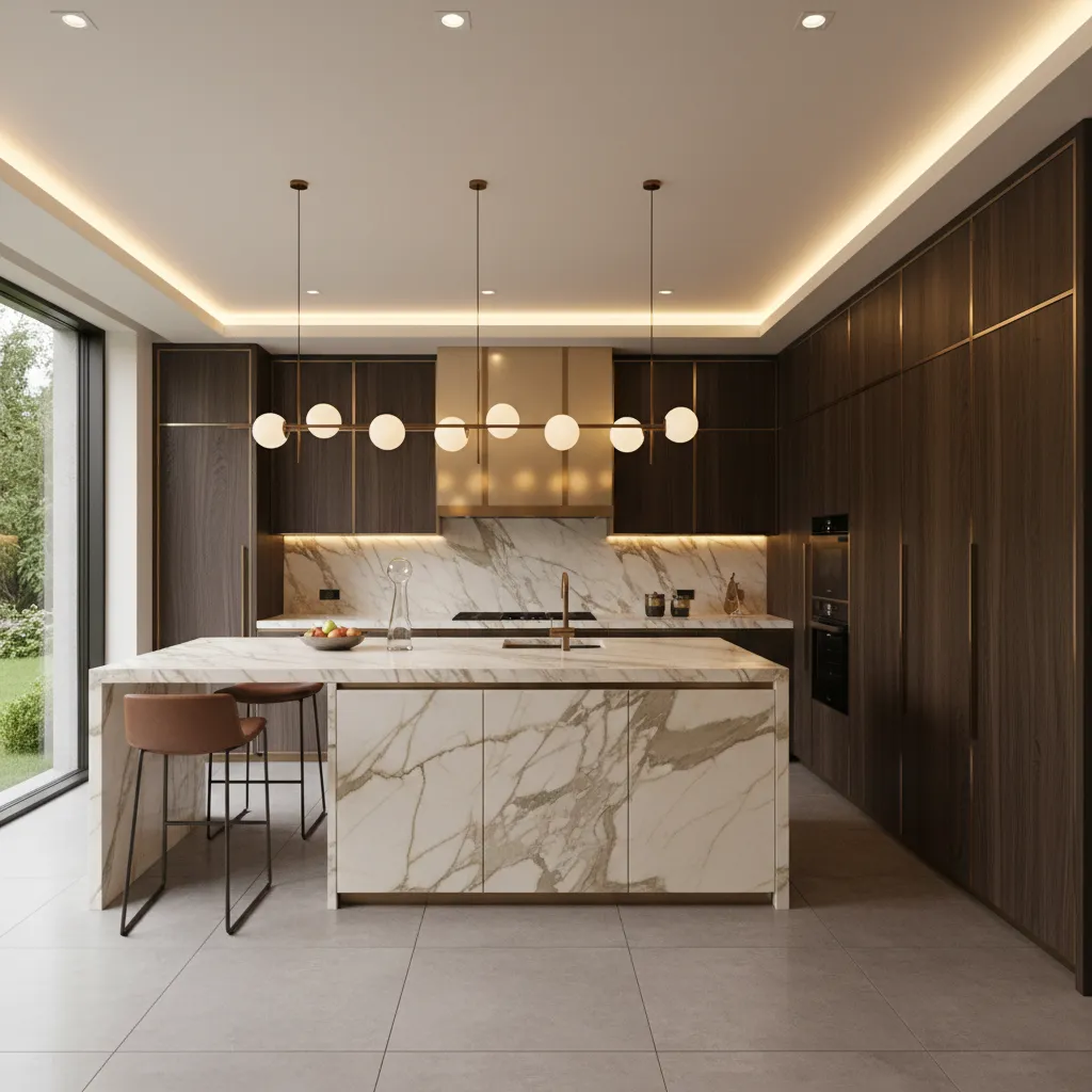 Modern kitchen featuring dark wood cabinets marble island bar stools marble backsplash and warm light