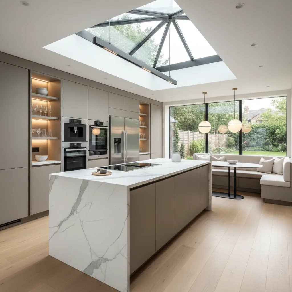 Luxury kitchen extension with large island and skylight roof