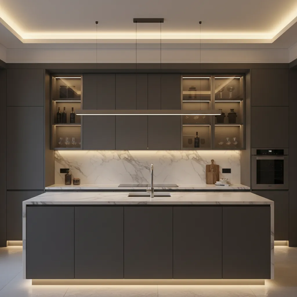 luxury kitchen with layered hidden cabinet lighting and floating effect