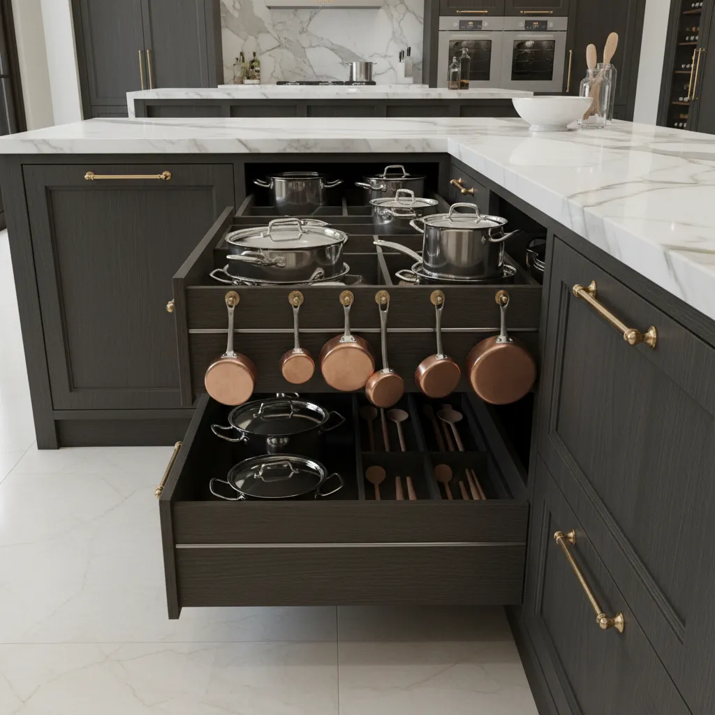 Luxury kitchen deep drawer storage and hidden organization system