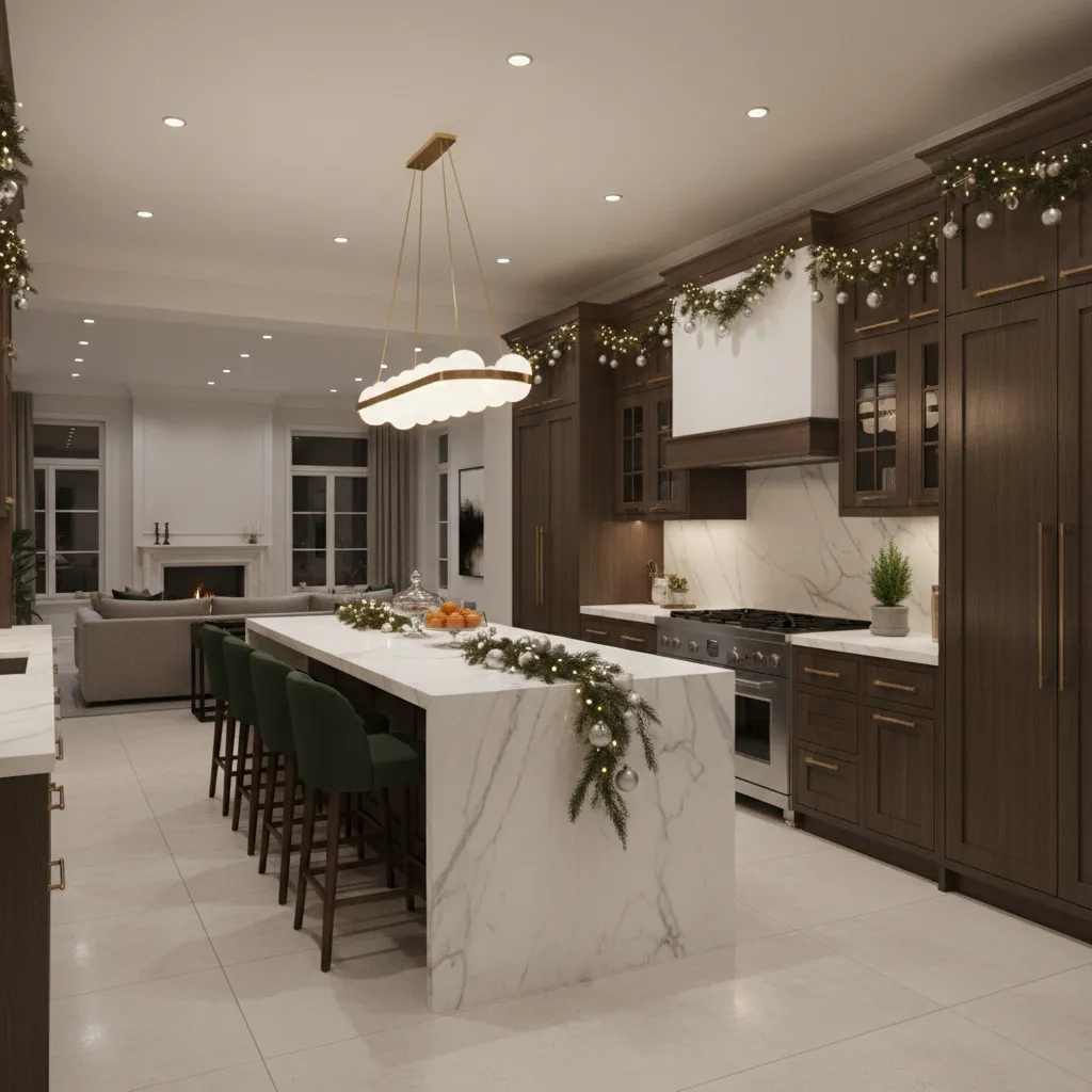 Luxury kitchen decorated with subtle holiday lighting and garland on cabinets
