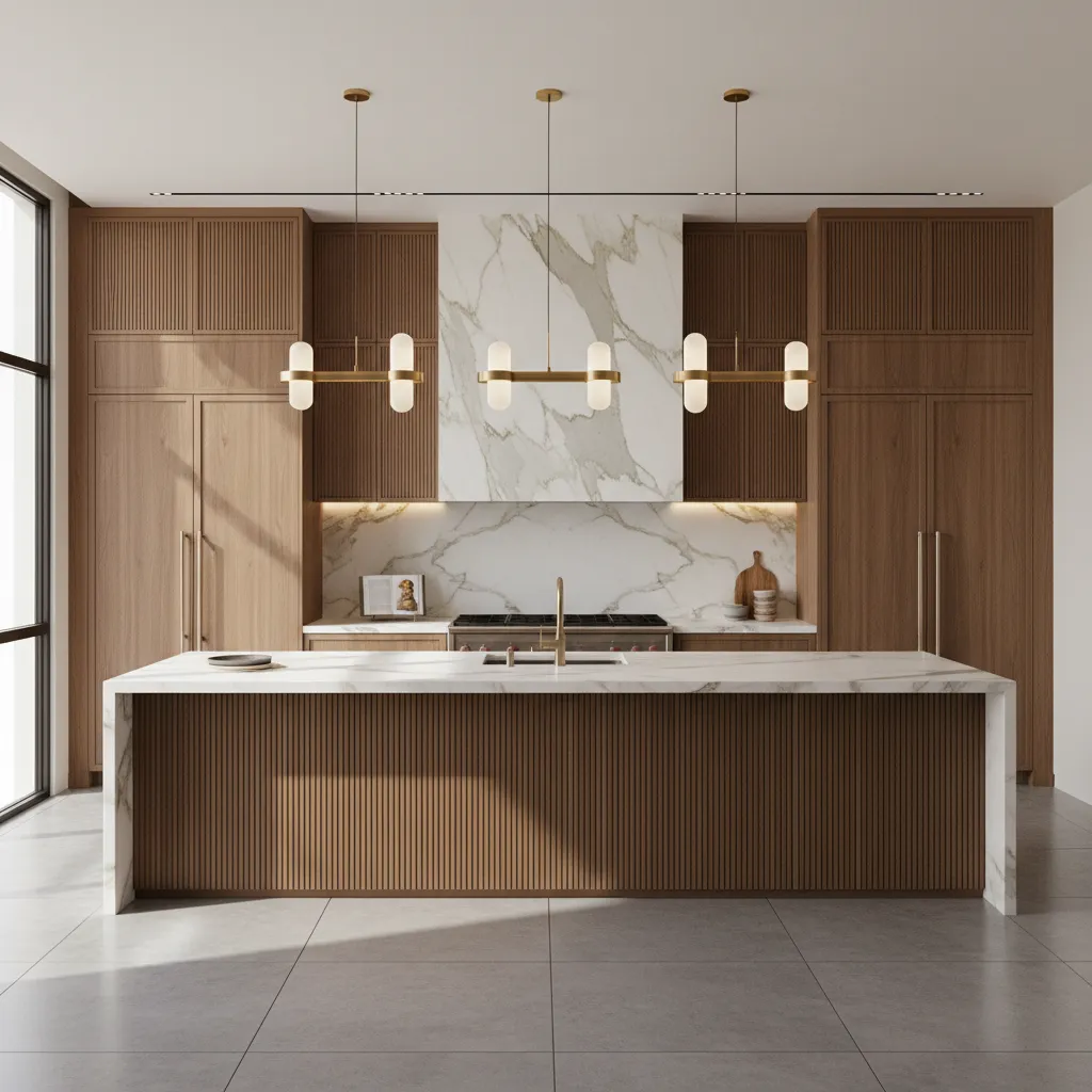Luxury kitchen with refrigerator and freezer columns integrated into cabinetry