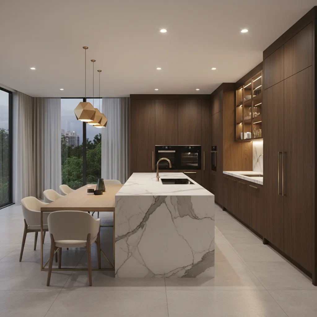 Modern kitchen featuring dark wood cabinets marble island dining table chairs and gold ceiling lights