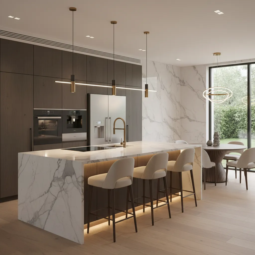 Modern kitchen with marble island three bar stools dark cabinets ceiling light and dining table