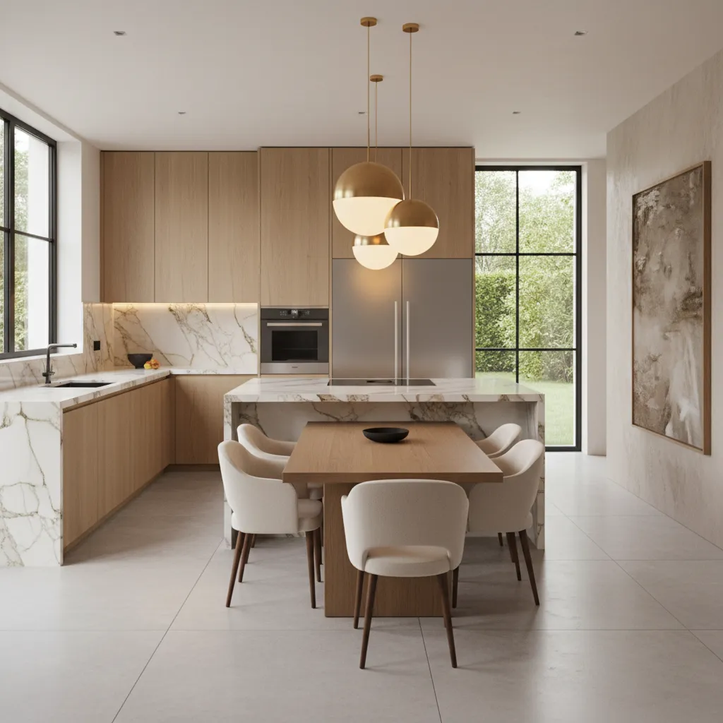 Cocina moderna de lujo integrada con comedor en espacio abierto