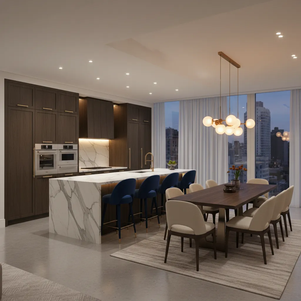 Modern kitchen with marble island blue stools wooden dining table beige chairs gold globe light