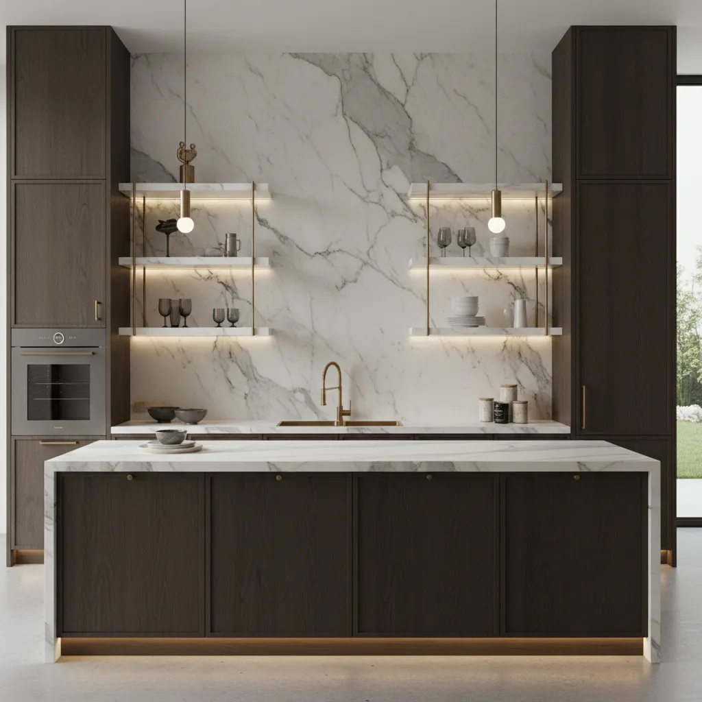 Luxury kitchen with marble backsplash slab and custom floating shelves
