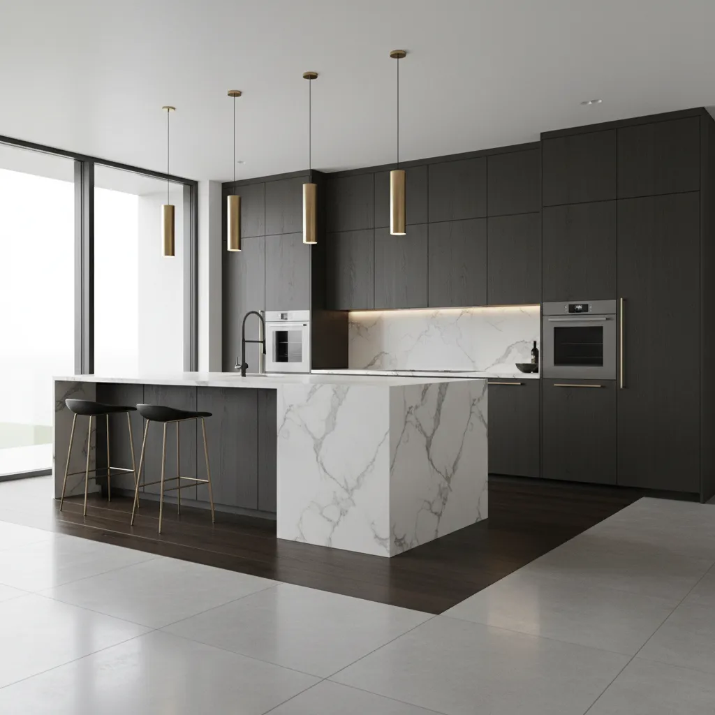Luxury kitchen island with waterfall marble countertop and pendant lights