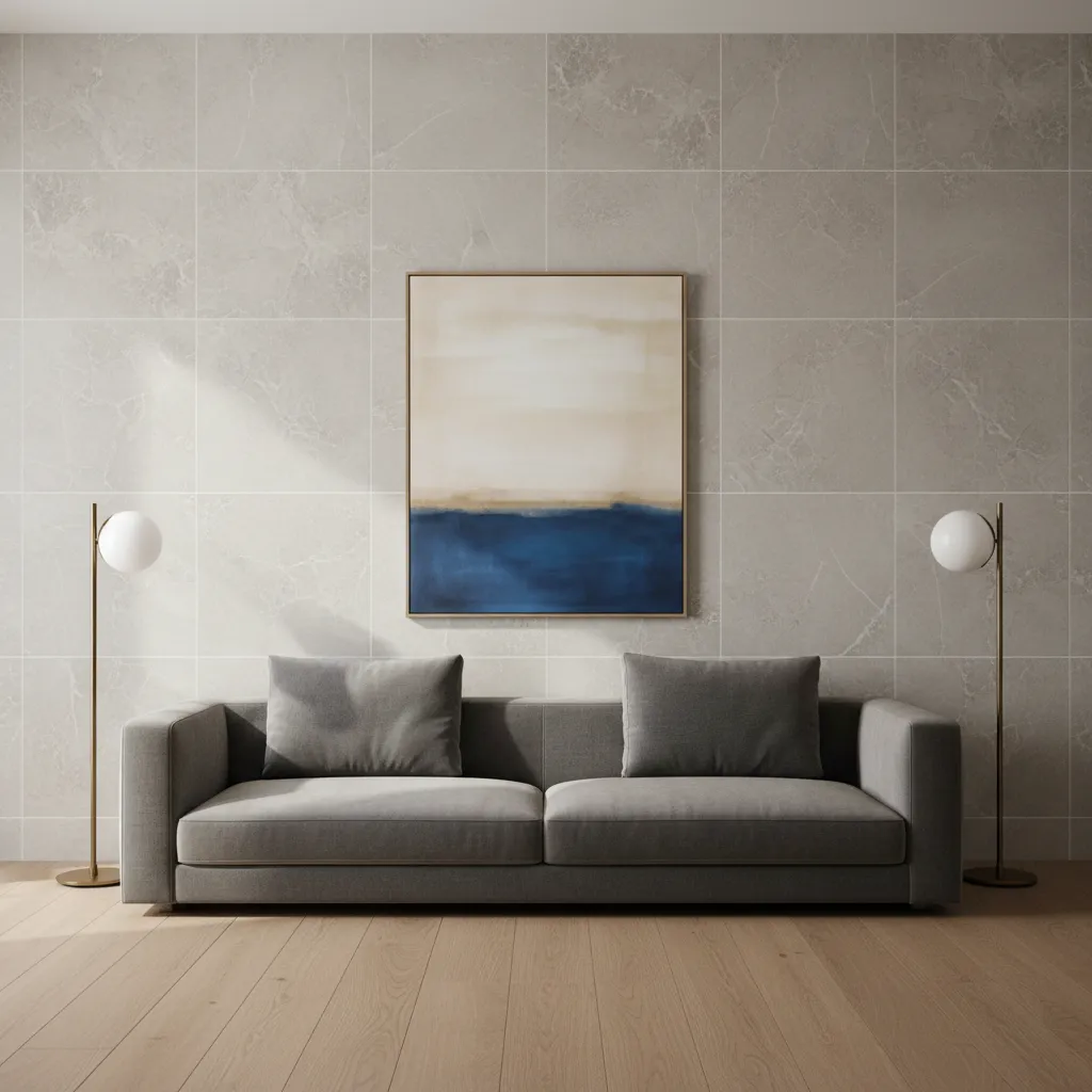 Luxury interior wall with large format stone look tiles arranged in grid layout