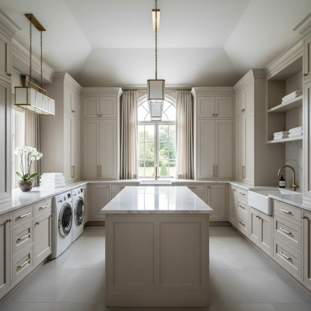 Luxury home laundry room with high ceiling and custom cabinetry