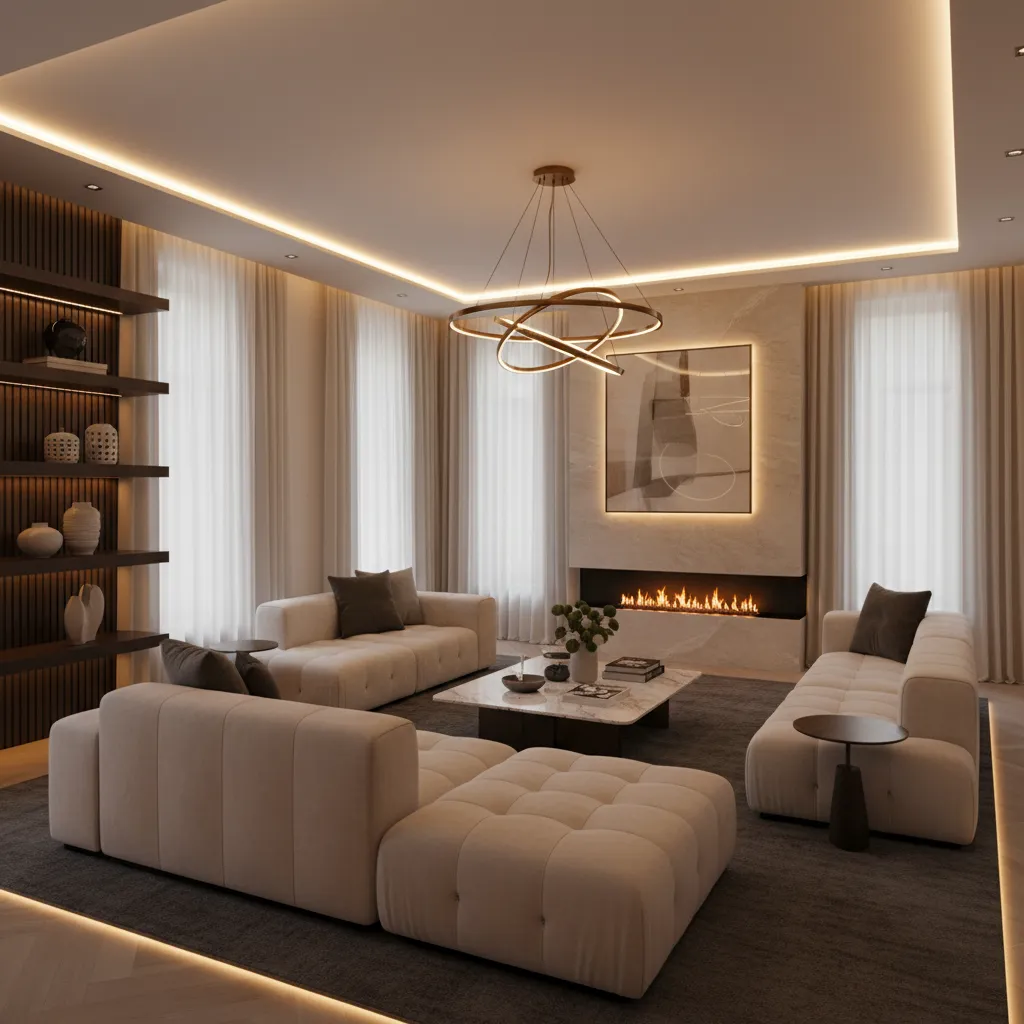 Modern living room featuring cream modular sofas, marble coffee table, fireplace, and circular ceiling light