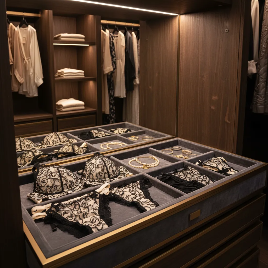 Bandeja de vestidor con lencería organizada tipo boutique