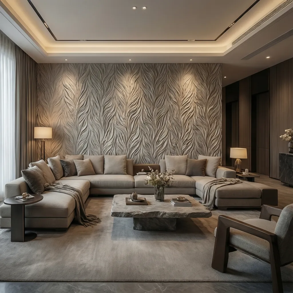 Luxury living room with neutral 3D textured wall and modern furniture