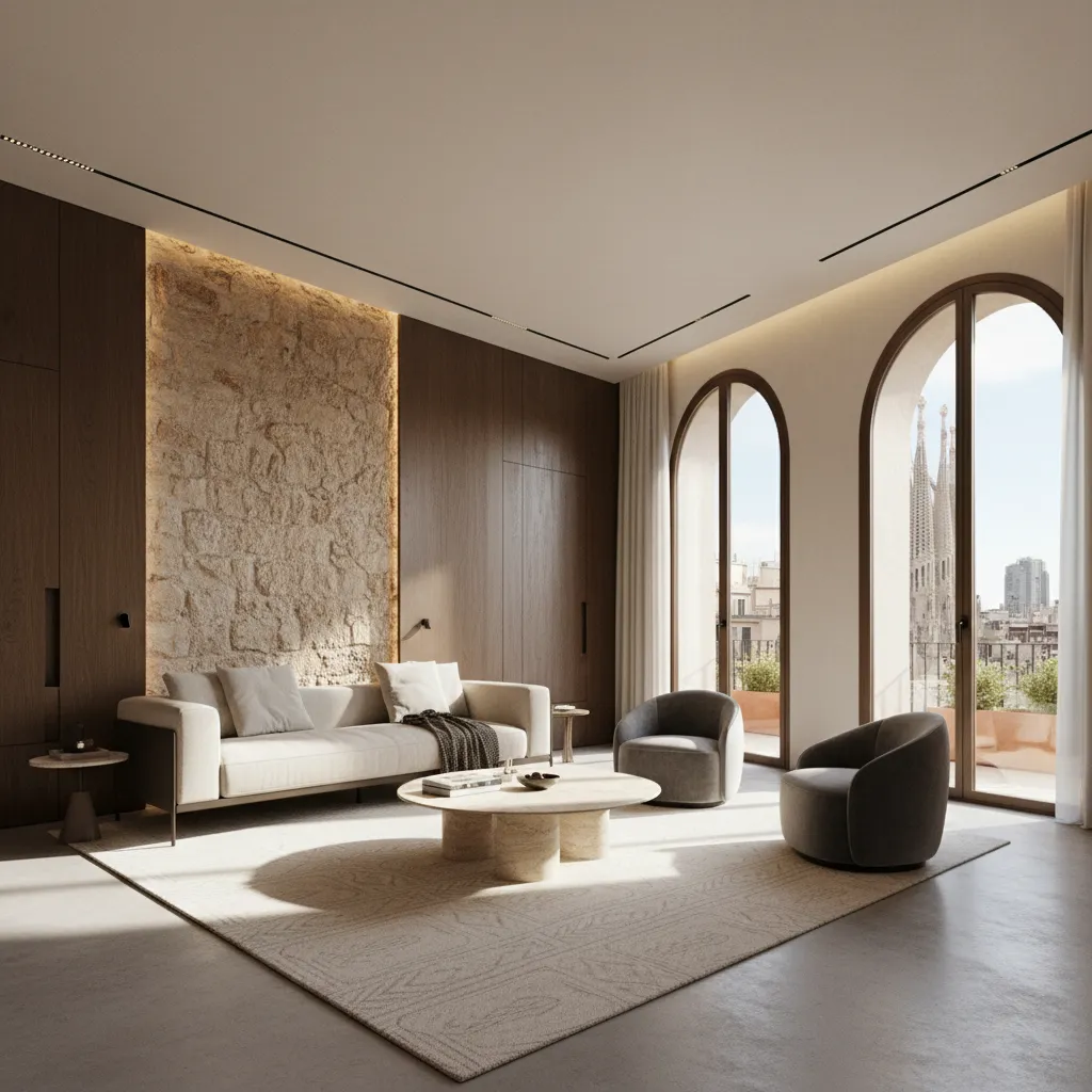 Salón de lujo con materiales naturales y diseño contemporáneo